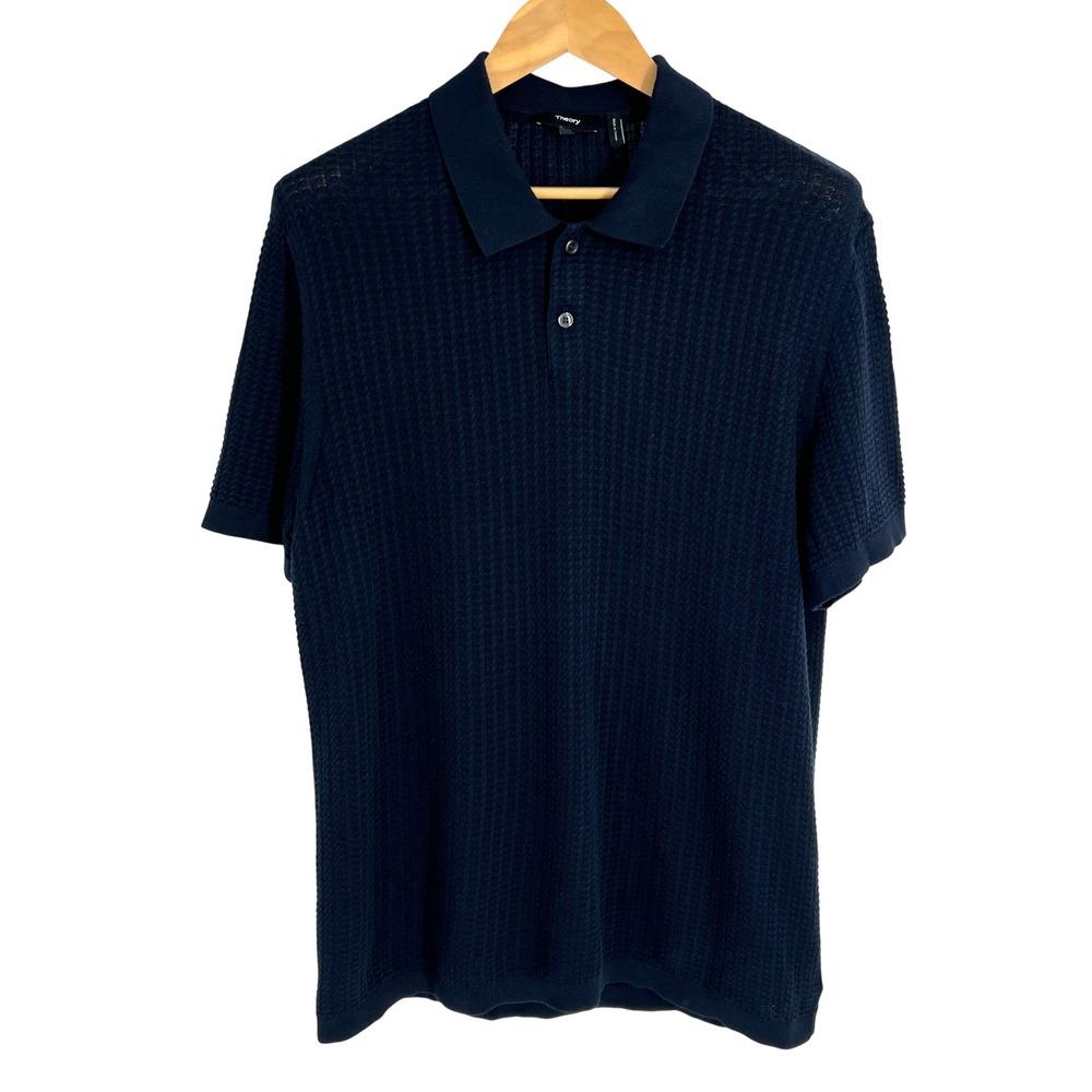 Theory Mens Navy Blue Tactile Cotton Cable Knit Short Sleeve Polo Shirt Large